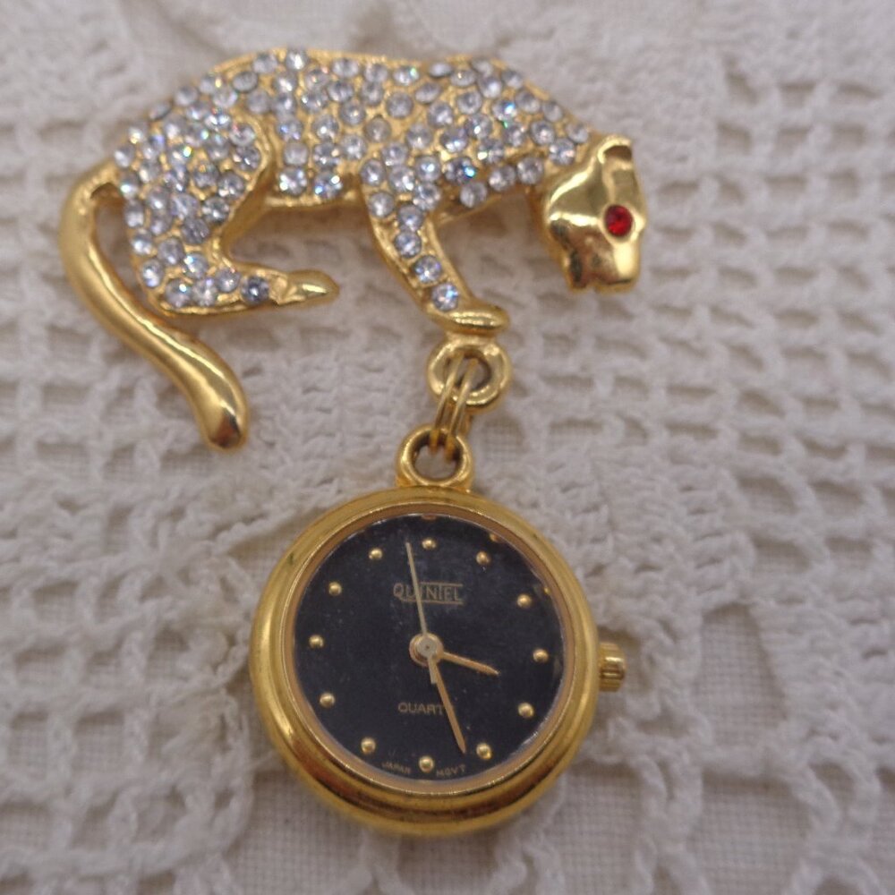 Vintage QUINTEL Dangle Watch BROOCH Rhinestone PANTHER